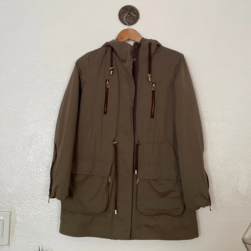 Zara‎ Basic Olive Green Hooded Utility Parka Jacket Quilted Lining Small